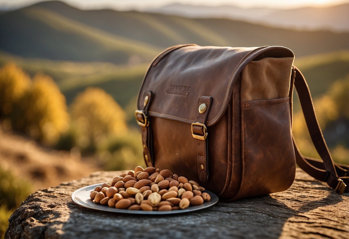 A rustic saddlebag holds 10 assorted packages of nuts, surrounded by a backdrop of rolling hills and a winding trail. The sun casts a warm glow on the scene, creating a sense of adventure and outdoor enjoyment