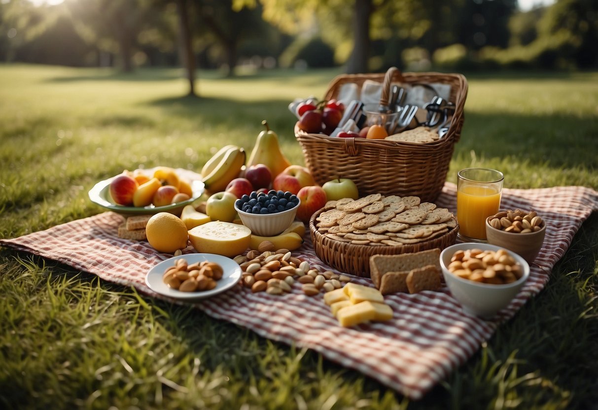 A picnic blanket spread out on the grass, surrounded by trees. A wicker basket filled with an assortment of healthy snacks, such as fruits, nuts, and granola bars, is placed in the center