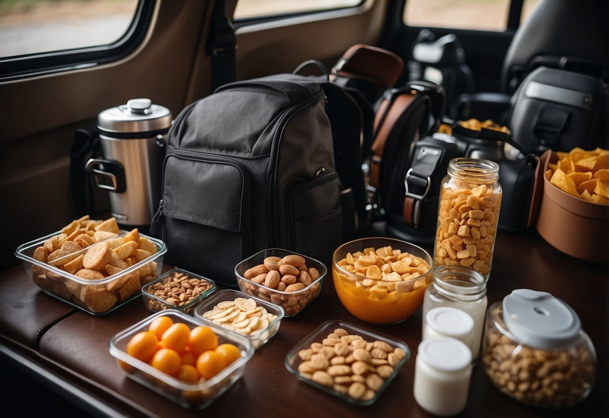 Various snacks neatly organized in a durable and portable container, alongside a backpack and riding gear, ready for a horseback riding trip