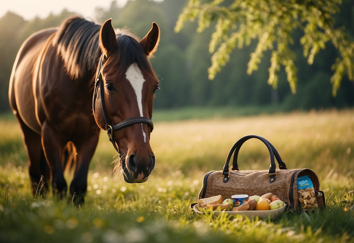 A horse grazes peacefully in a lush meadow, while a saddlebag nearby is filled with healthy snacks like nuts, fruits, and granola bars. The sun shines down on the serene scene, creating a warm and inviting atmosphere