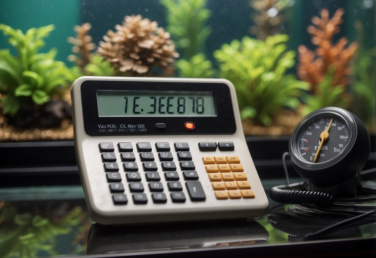 A calculator with aquarium heater settings displayed, surrounded by fish tank decorations and water temperature gauge