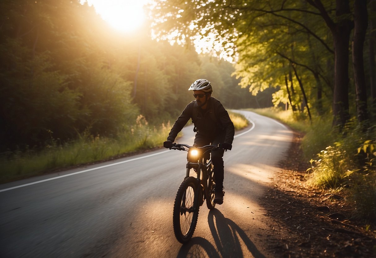 A lone rider follows a winding trail through a peaceful forest, wearing a helmet and reflective gear. The sun sets behind them, casting a warm glow on the tranquil scene