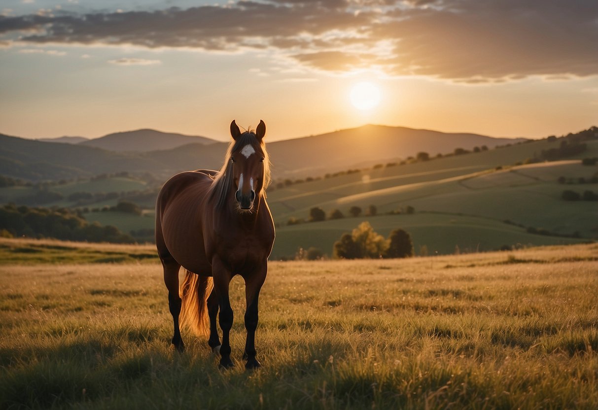 A lone horse stands in a peaceful meadow, wearing a sturdy helmet. The sun sets behind rolling hills, casting a warm glow over the serene landscape