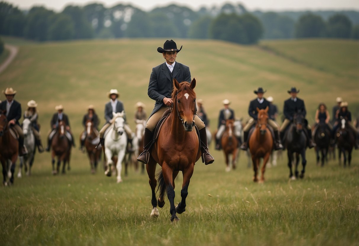 A rider on a horse in a wide open field, holding a cell phone securely, with a serene and confident expression