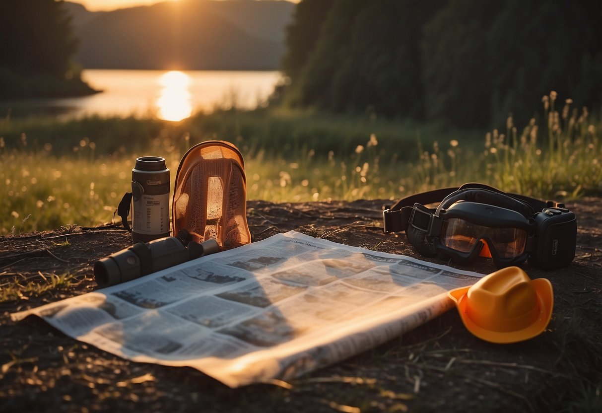 A horse stands next to a trail map, surrounded by safety gear. The sun is setting, casting a warm glow over the scene