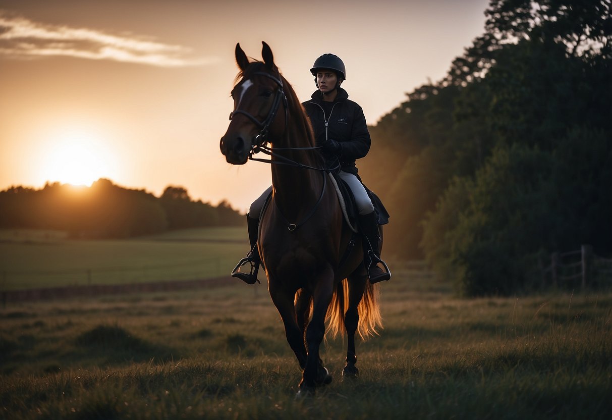 A lone horseback rider wears reflective gear in the dim light, ensuring visibility and safety