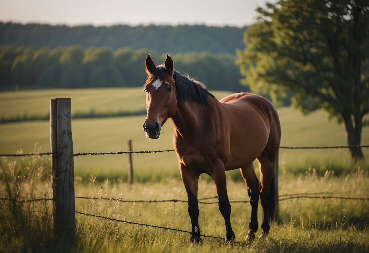 A lone horse stands in a serene meadow, saddled and ready. A note with safety tips is pinned to a nearby fence post