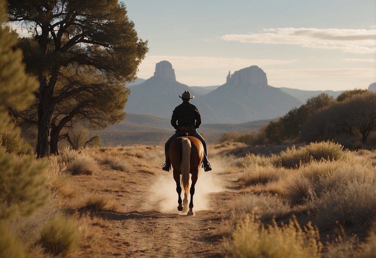 A lone horseback rider navigates a trail, passing by recognizable landmarks. The rider follows safety tips, wearing a helmet and carrying a first aid kit