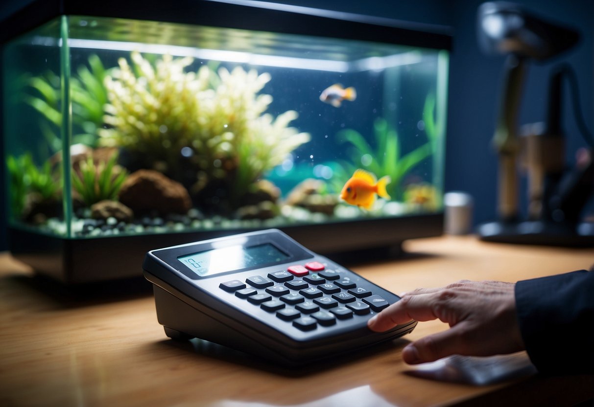 A hand reaches for a calculator with a fish tank in the background, as the person calculates the appropriate wattage for an aquarium heater