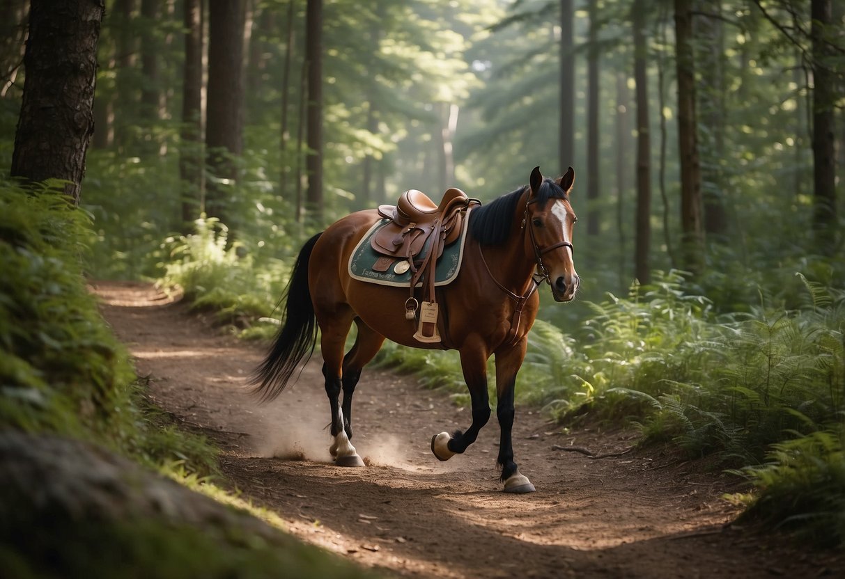 A lone horse travels through a winding forest trail, a map tucked into its saddlebag. The rider's route is marked with bright flags, and a compass dangles from the saddle