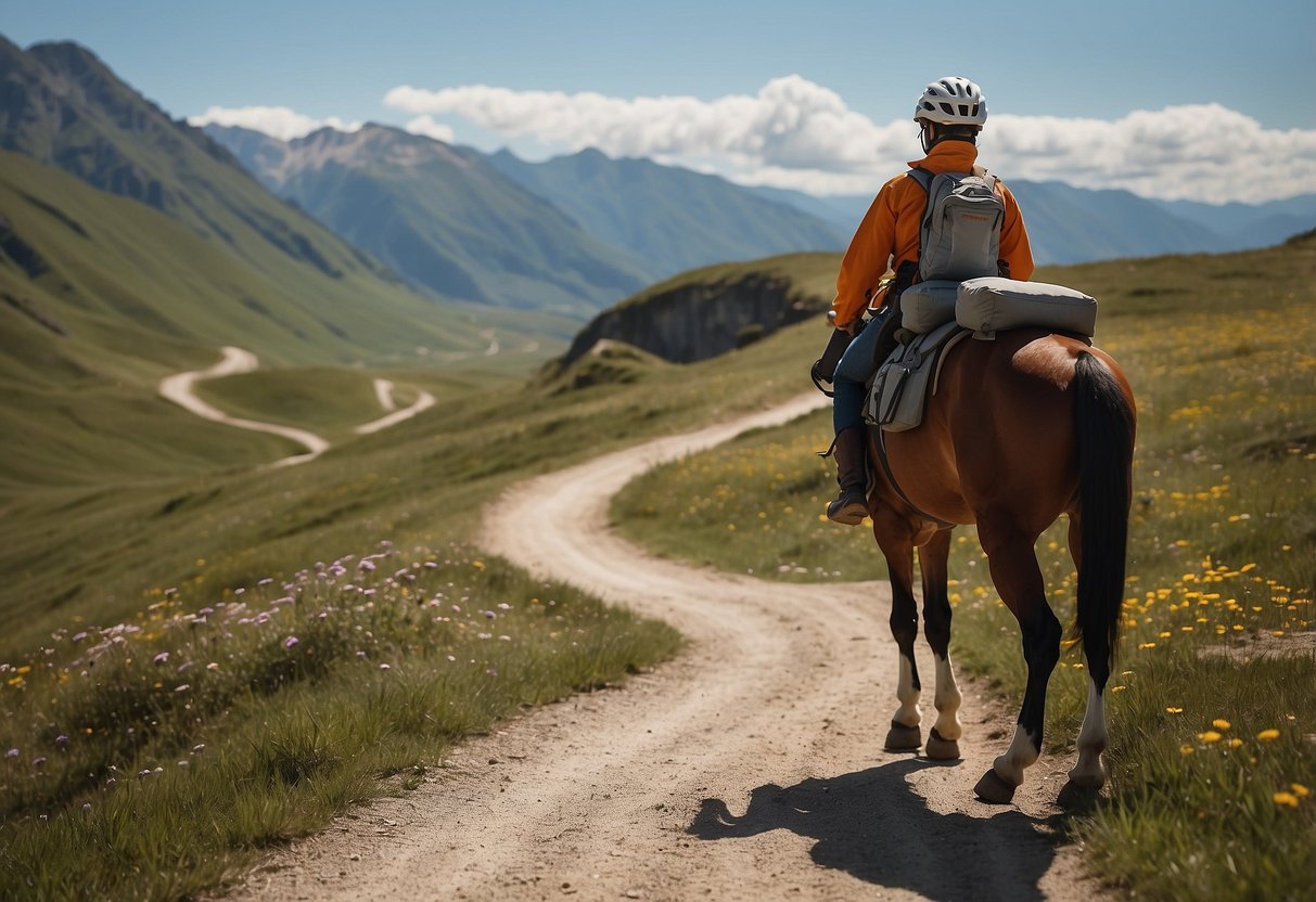 A lone horse navigates a narrow trail, equipped with a helmet, reflective gear, and a first aid kit. Signs along the path display safety tips for solo riders