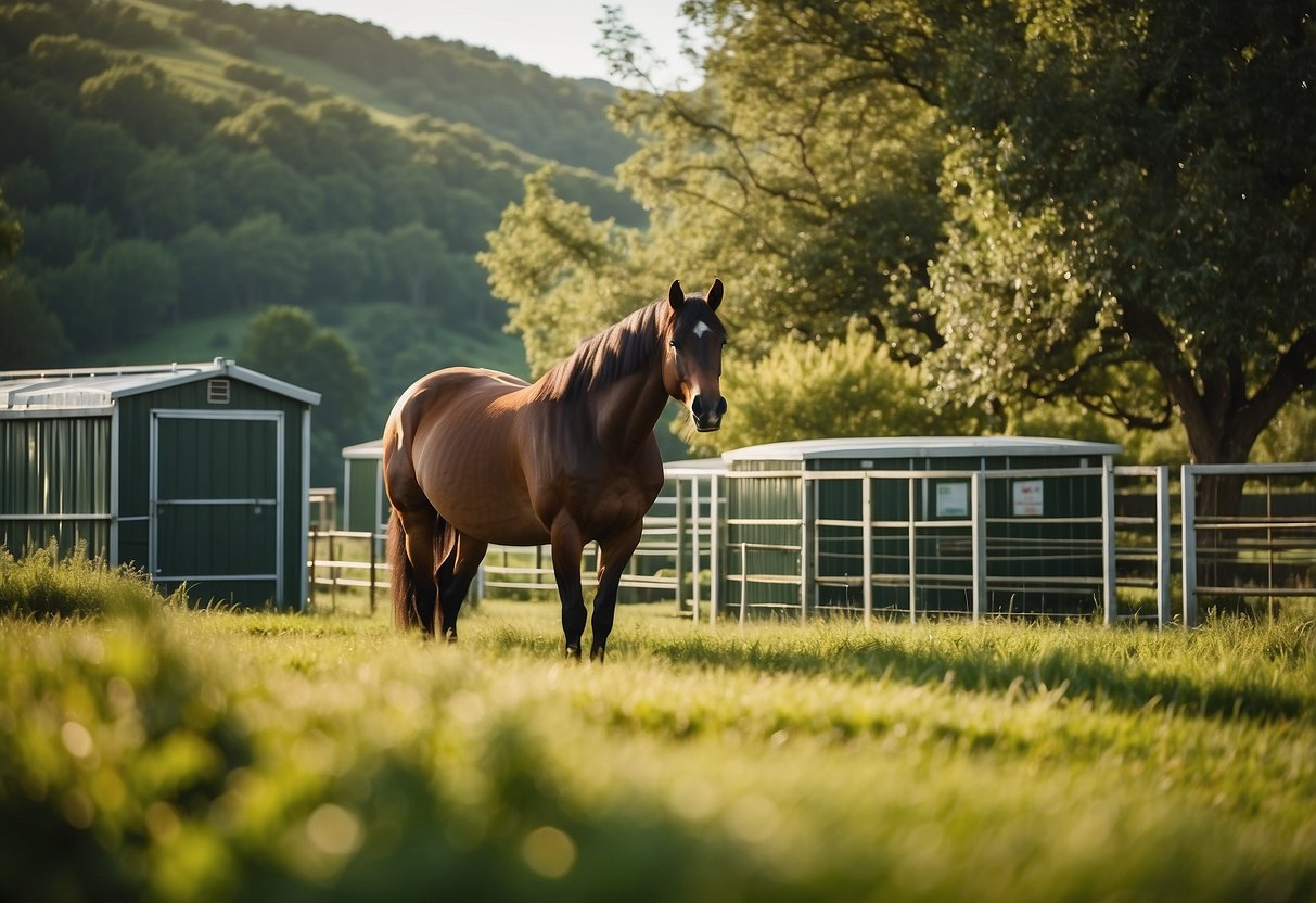 A horse peacefully grazing in a lush, green pasture with a clean, well-maintained stable in the background. Solar panels and recycling bins are visible, indicating an eco-friendly approach to horse care