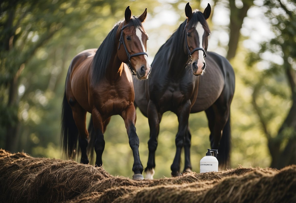 A horse being groomed with biodegradable products in a natural setting, surrounded by eco-friendly horse care items