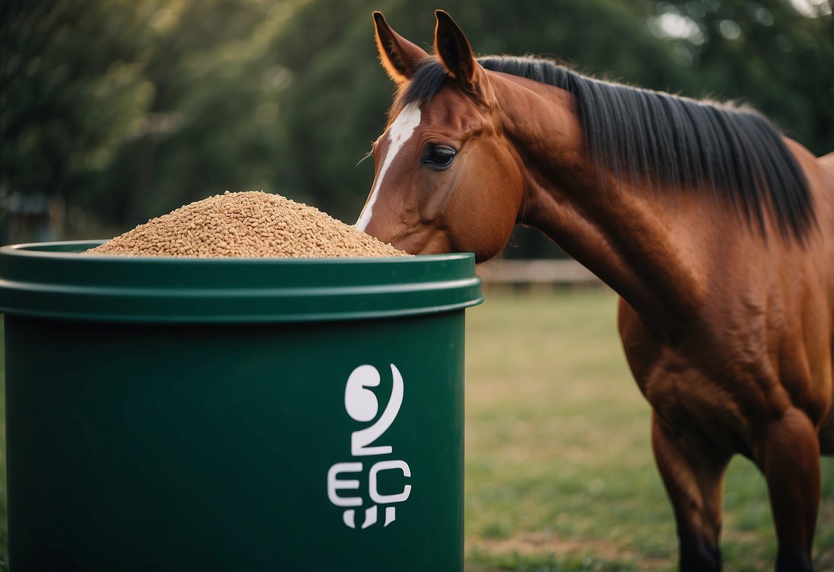 A horse eating from a eco-friendly feed bin with 5 eco-friendly symbols surrounding it