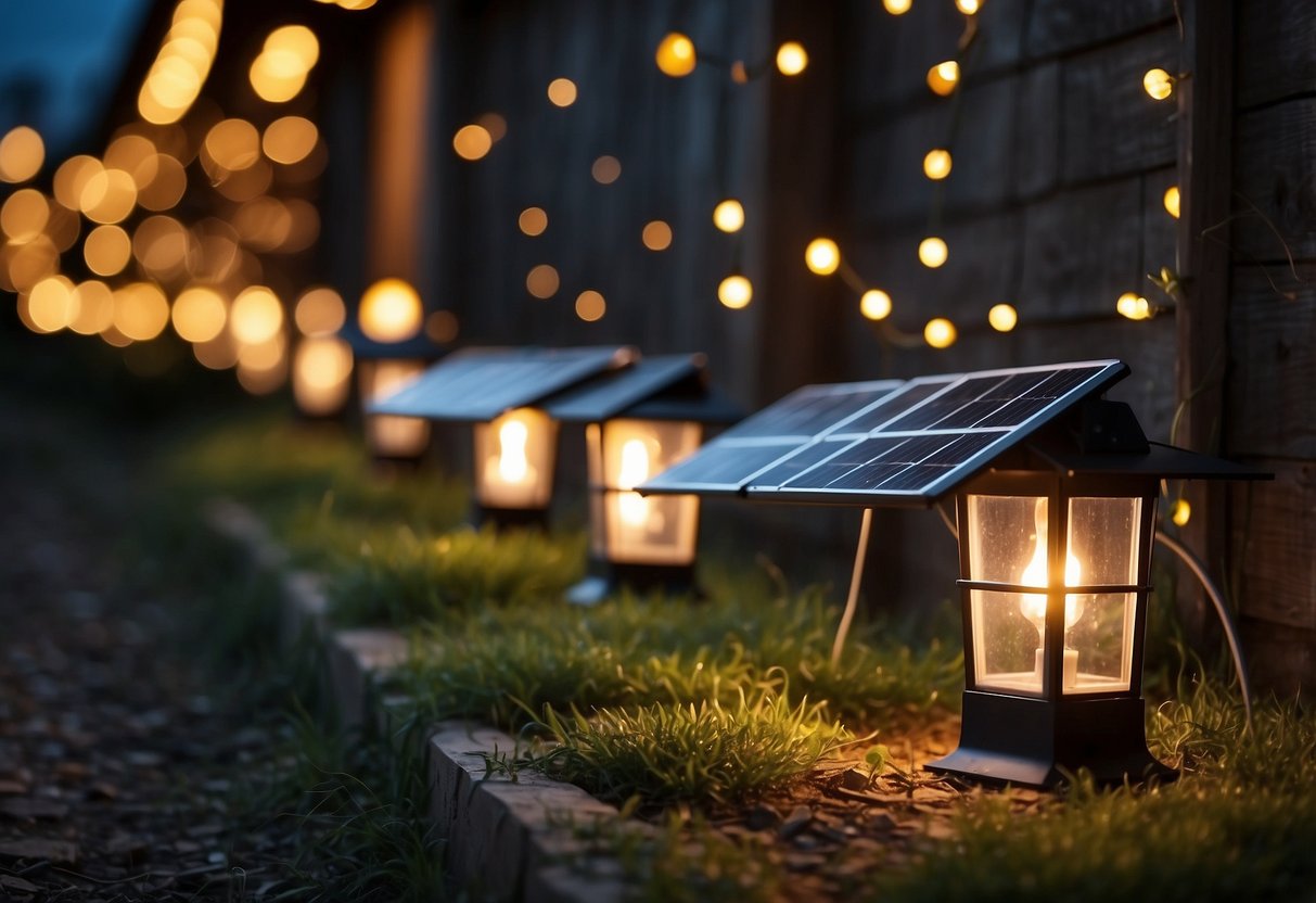 Solar-powered lights installed in a stable, illuminating the interior with a soft, eco-friendly glow