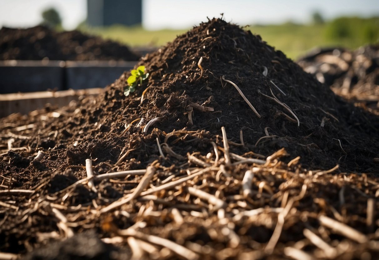 A pile of manure sits in a designated area, surrounded by composting materials like straw and wood chips. Aeration tubes and a covering help speed up the decomposition process