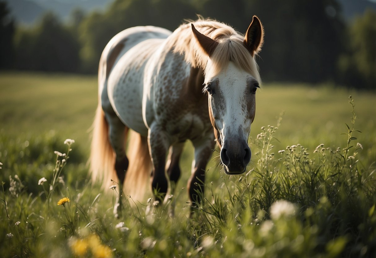 A horse grazing in a lush, pesticide-free pasture. Nearby, natural pest control methods like fly traps and essential oil sprays are being used