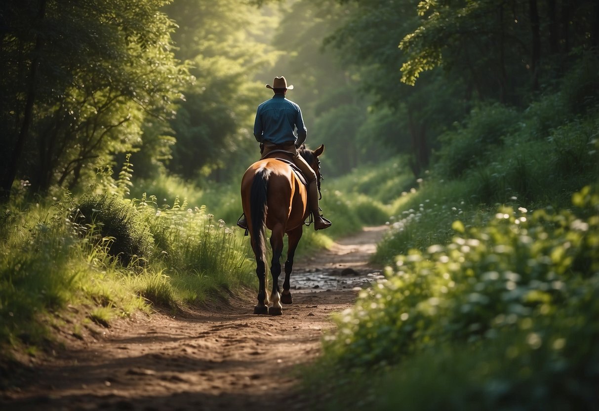 A serene forest trail with a horse and rider surrounded by lush vegetation, birds chirping, and a clear stream running alongside the path