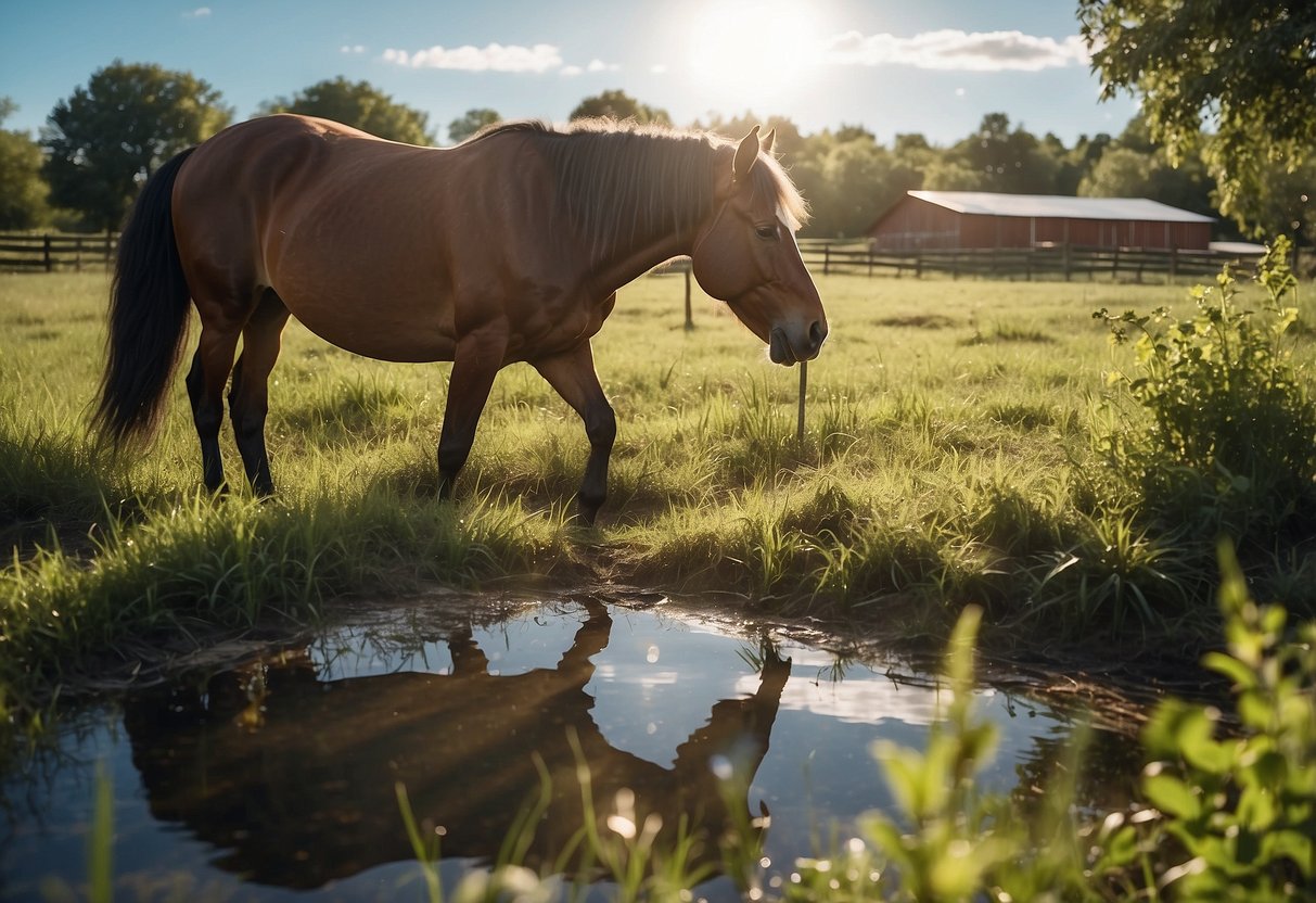 A horse grazing in a lush, open pasture with a natural water source nearby. Solar panels power the barn, and compost bins are visible for waste management