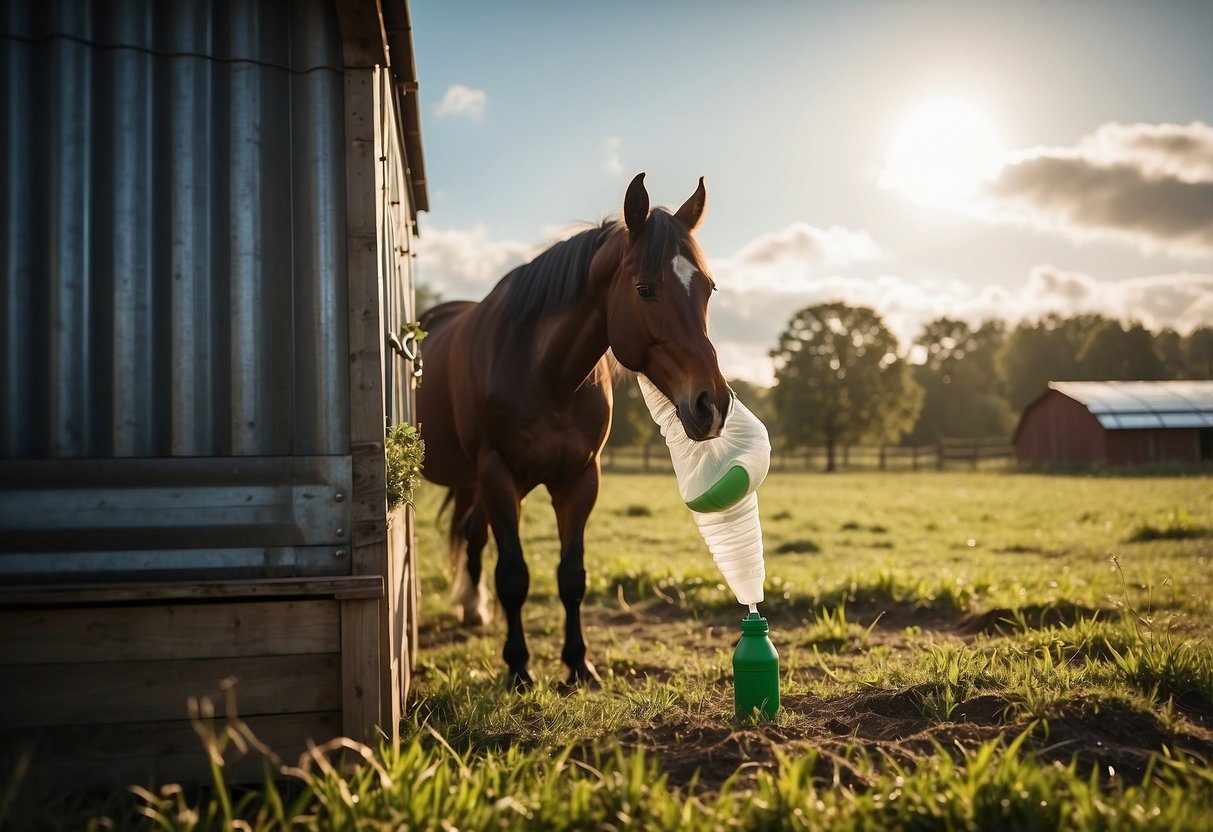 A horse grazing in a pasture with a compost bin nearby. A rider is using a reusable water bottle and carrying a bag for collecting any waste. Solar panels are visible on the barn roof