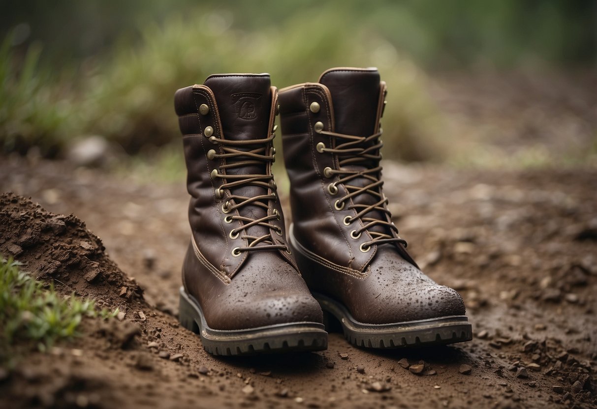 A collection of 10 riding boots on various terrains: rocky, muddy, sandy, and grassy. Each boot is designed for a specific environment, showcasing durability and versatility