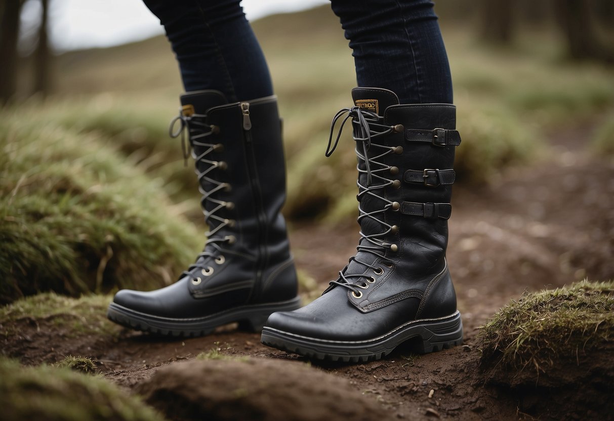 A pair of Ovation Moorland Highrider 10 riding boots placed on various terrains, such as rocky trails, muddy paths, and grassy fields, showcasing their versatility and durability