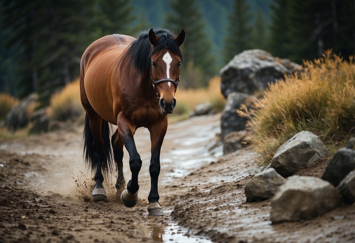 A horse with Mountain Horse Rimfrost Rider III boots traverses varied terrains, from rocky mountains to muddy trails