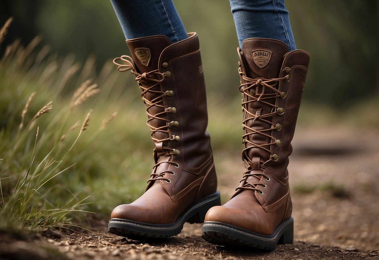 A pair of Ariat Coniston Pro GTX riding boots stands on a variety of terrains, including rocky trails, muddy fields, and grassy meadows