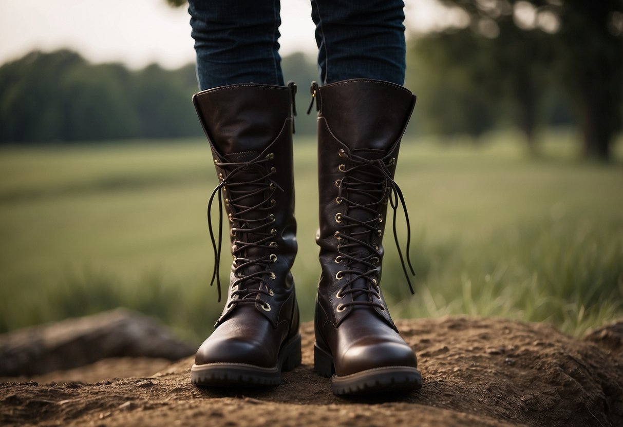 A pair of DeNiro Salento Tall Field Boots stands on various terrains, showcasing their versatility for riding