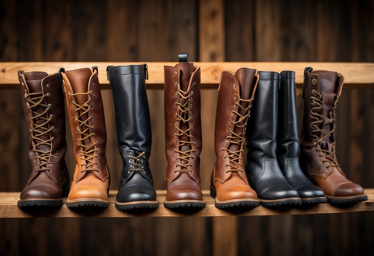 A row of riding boots lined up neatly on a wooden rack, each pair showing signs of care and maintenance. The background suggests various terrains, from grassy fields to rugged trails