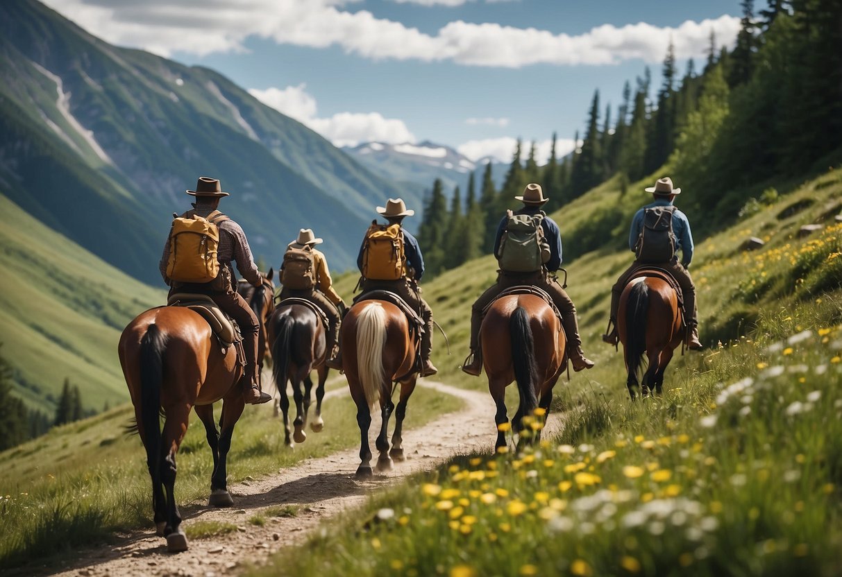 A group of horses and riders traverse a winding mountain trail, passing through lush forests and open meadows. They carry packs and supplies for a multi-day journey, with a map and compass in hand