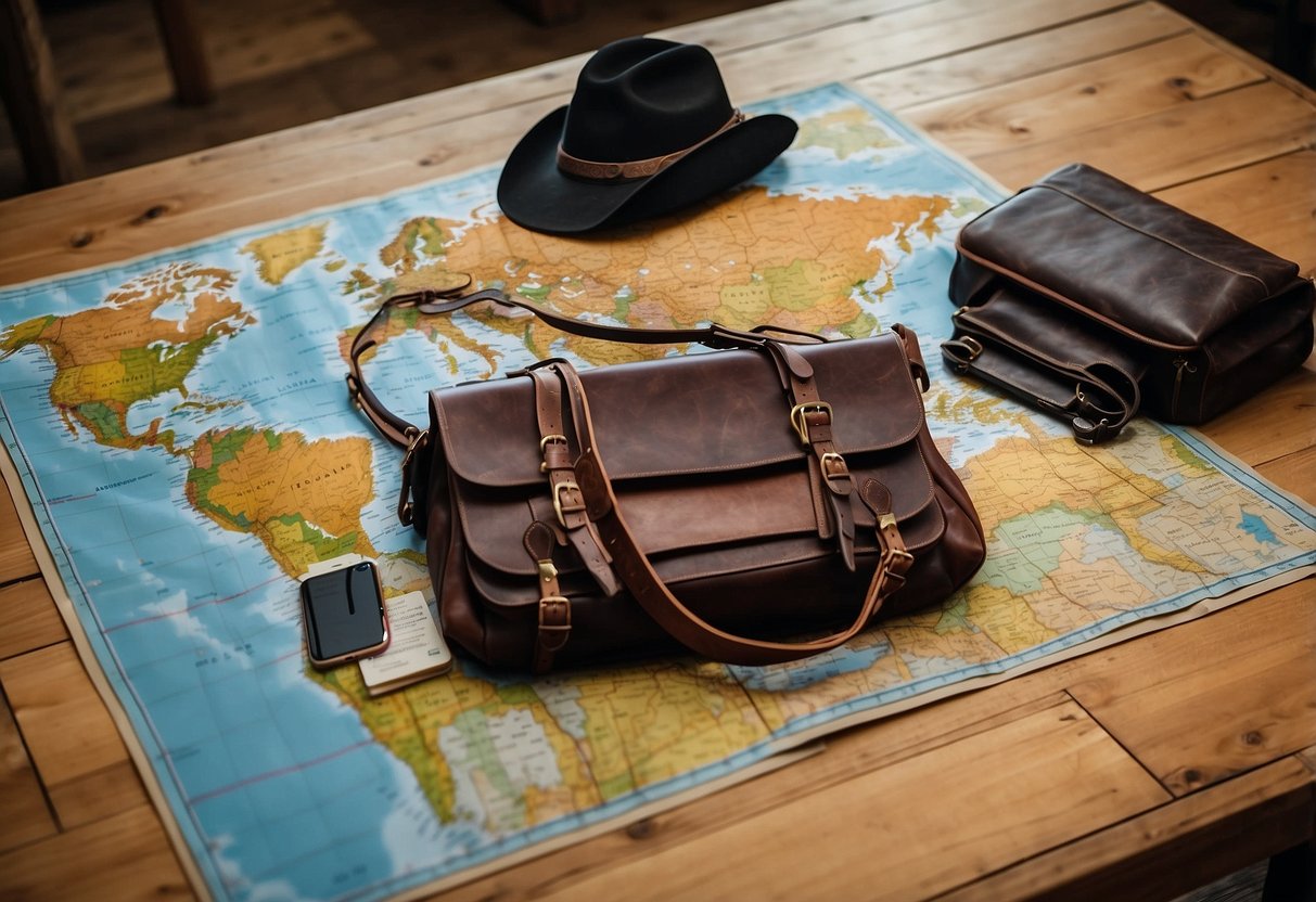 A horse with a saddle and saddlebags stands next to a map spread out on a wooden table. The map shows a planned route for a multi-day horseback riding trip, with various landmarks and trails marked out