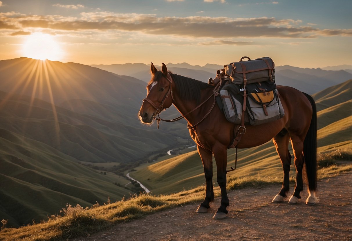 A horse loaded with essential gear stands ready for a multi-day trip. Saddlebags are packed with lightweight supplies, and a map is secured to the saddle. The sun is setting in the background, casting a warm glow over the scene