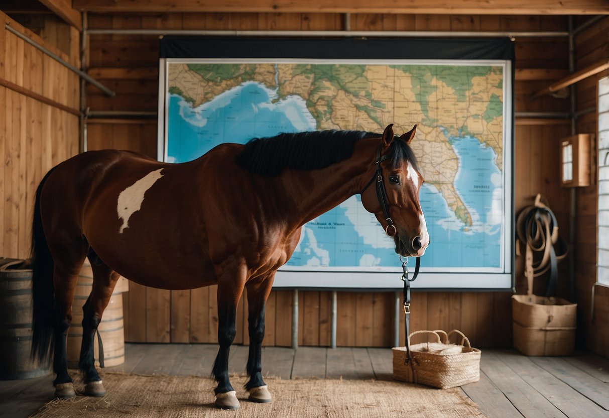 A healthy horse stands in a spacious, well-lit stable. Tack and supplies are neatly organized nearby. A map and itinerary for a multi-day riding trip are displayed on the wall