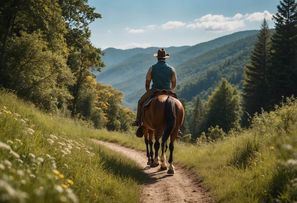 A horse with a saddlebag travels along a winding trail through a lush forest, with rolling hills in the background and a clear blue sky overhead