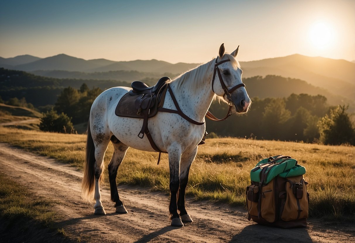 A horse saddled with saddlebags, water bottles, and snacks. A trail map is visible, and the sun is high in the sky