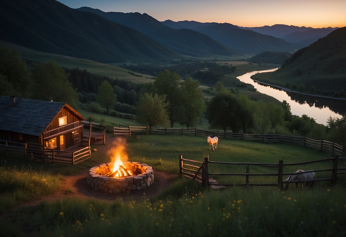 A cozy cabin nestled in a lush, green valley with a winding river nearby. Horses graze in a fenced pasture, while a campfire crackles under a starry night sky