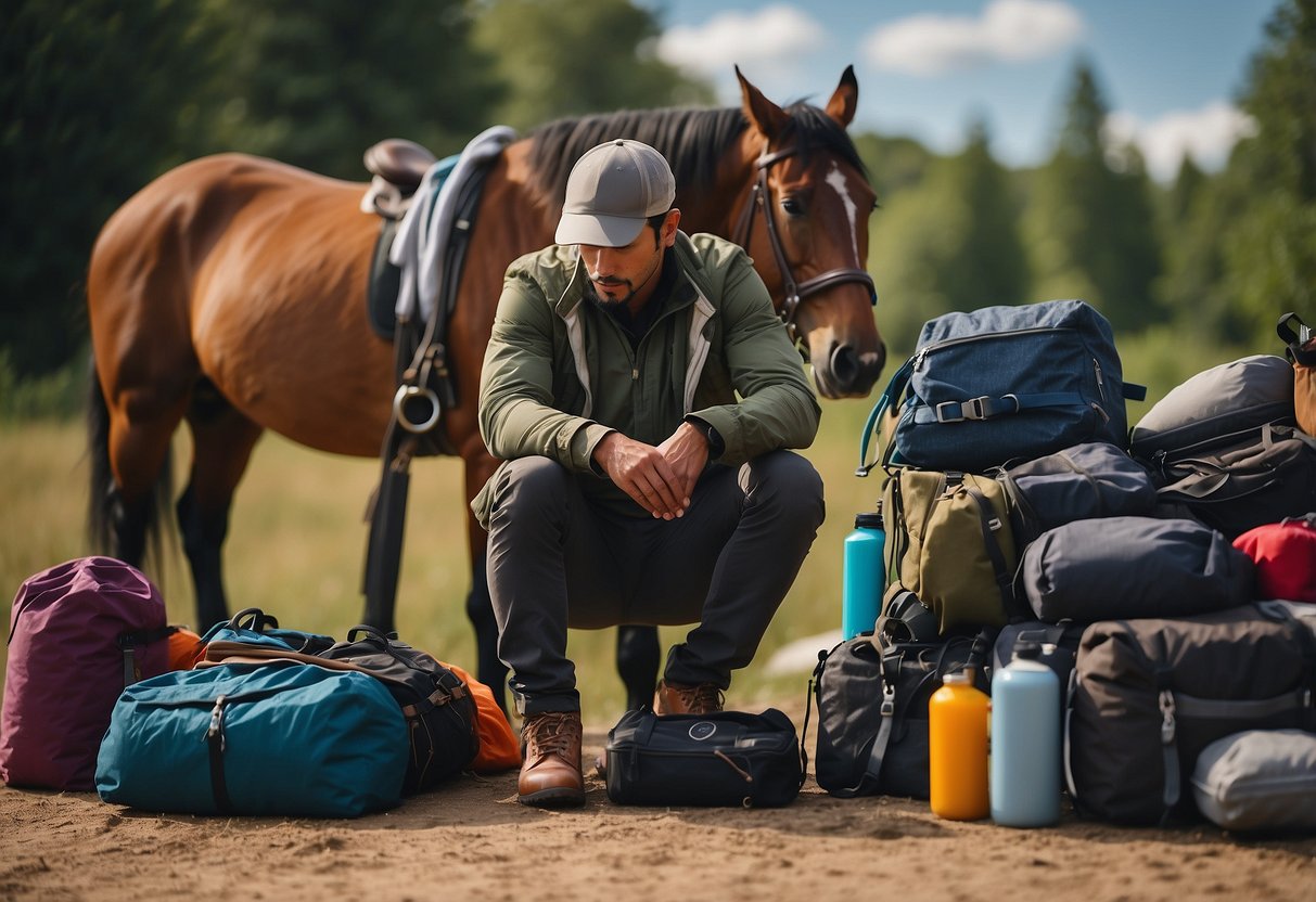 A rider in comfortable clothes prepares for a multi-day trip, packing supplies and checking their horse's gear