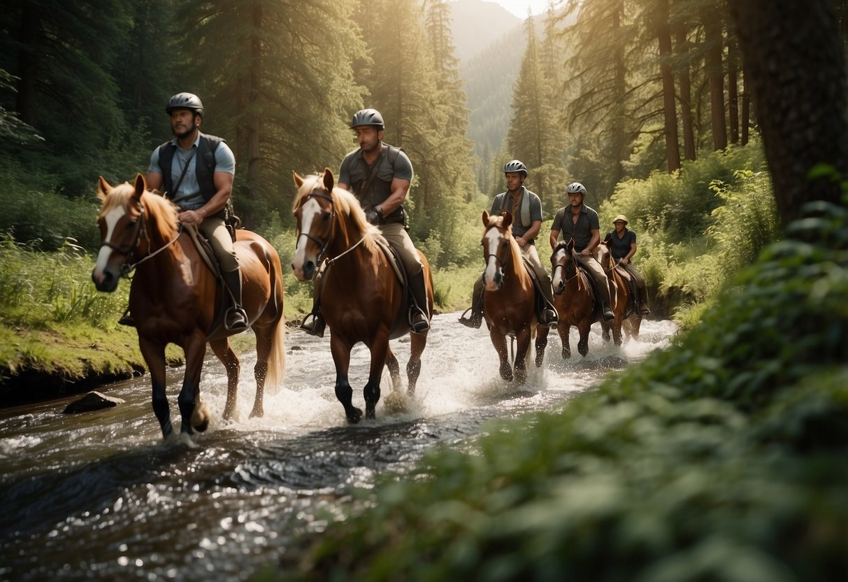 A group of horses navigating through a lush forest, crossing a gentle stream, and ascending a winding mountain trail. They are guided by experienced riders, carefully choosing the right path for a multi-day adventure