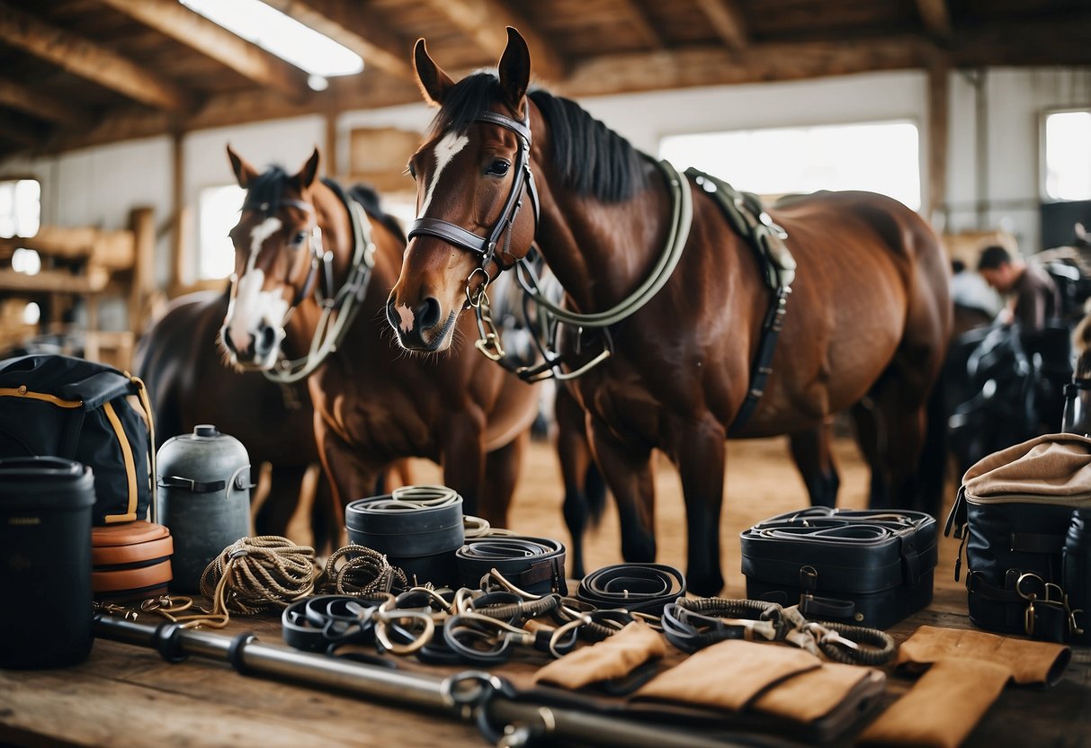 A group of horses are being prepared for a multi-day riding trip. Tack and gear are being carefully checked and loaded onto the horses. A map and itinerary are laid out, and supplies are being organized for the journey