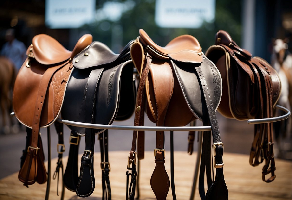 A collection of five different saddles arranged neatly on a display stand, each representing a specific riding style such as dressage, trail riding, or jumping