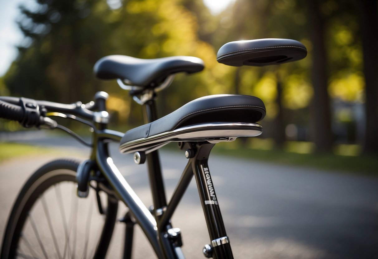 A Schwinn Comfort Gel Saddle sits atop a sleek bike frame, ready for various riding styles. The saddle's ergonomic design and cushioned padding make it ideal for long, comfortable rides