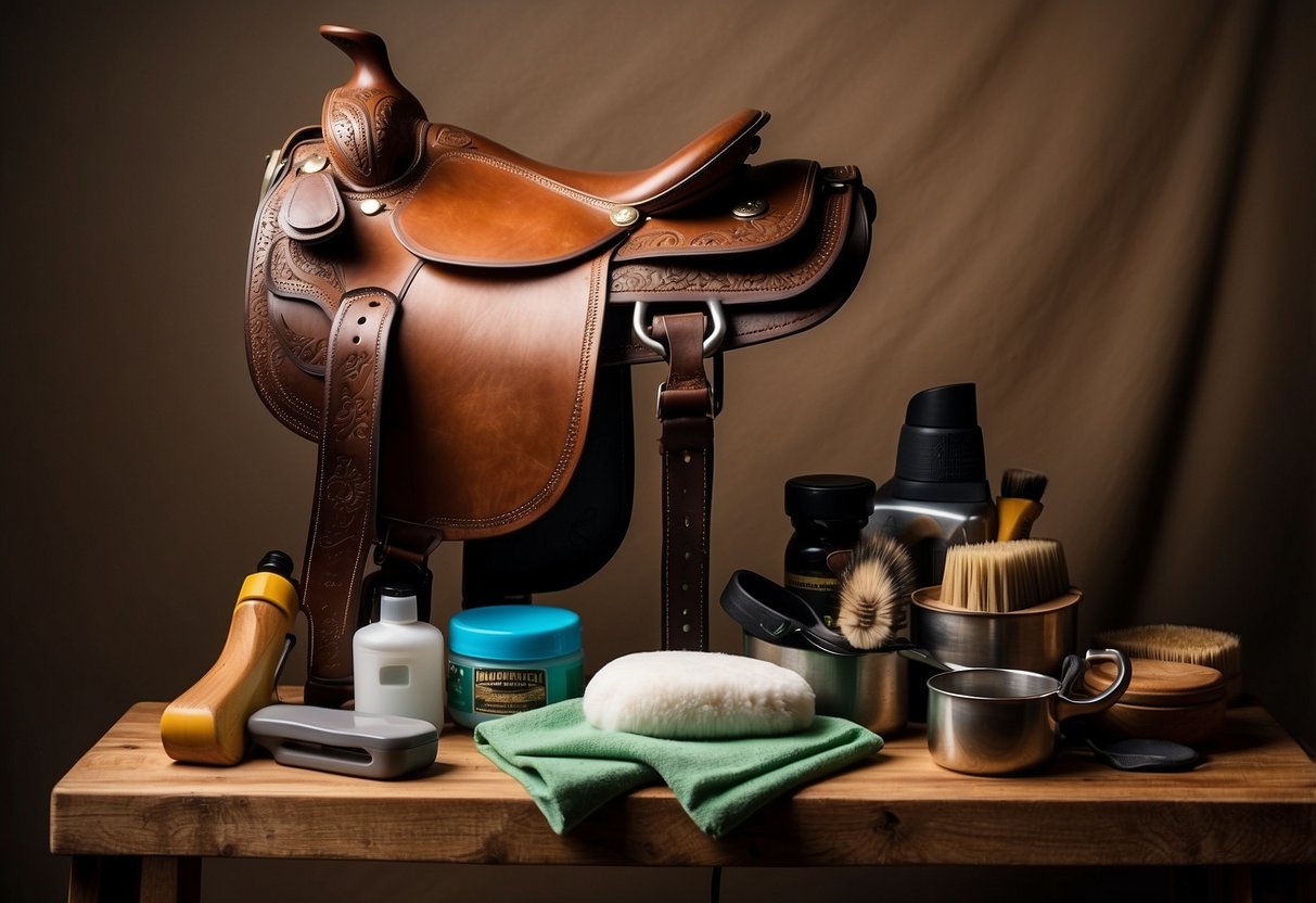 A saddle resting on a wooden stand, surrounded by various tools and cleaning supplies. A chart or list of the 5 best saddles for different riding styles displayed nearby