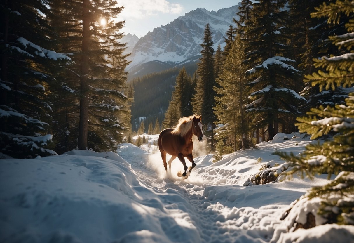 A horse gallops through a serene forest trail, sunlight filtering through the trees. The path winds around a crystal-clear lake, with snow-capped mountains in the distance