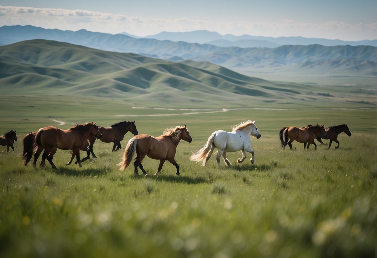 Rolling green hills stretch to the horizon, dotted with grazing horses. A winding trail cuts through the vast Mongolian steppe, leading to distant mountains