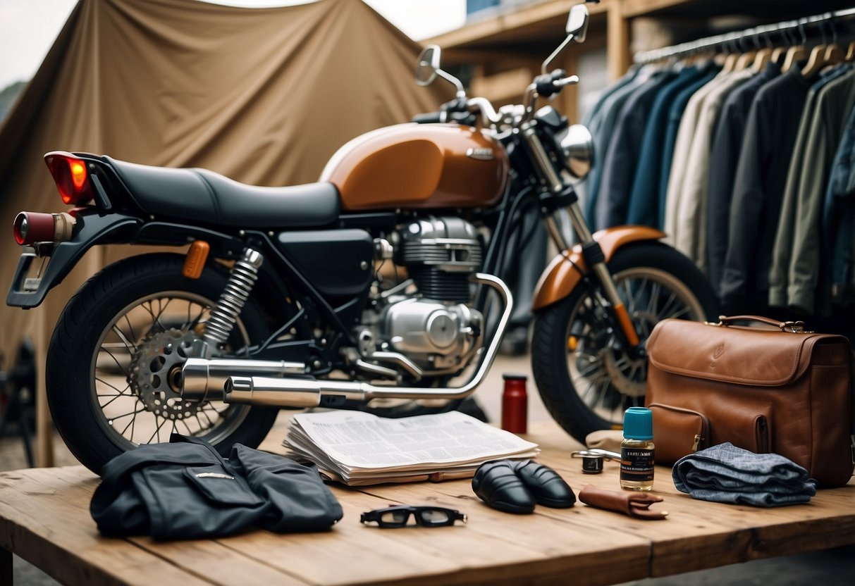 A motorcycle parked in front of a neatly organized packing area with rolled-up clothes, a compact tent, and a small tool kit. Maps and travel guides are spread out on a nearby table