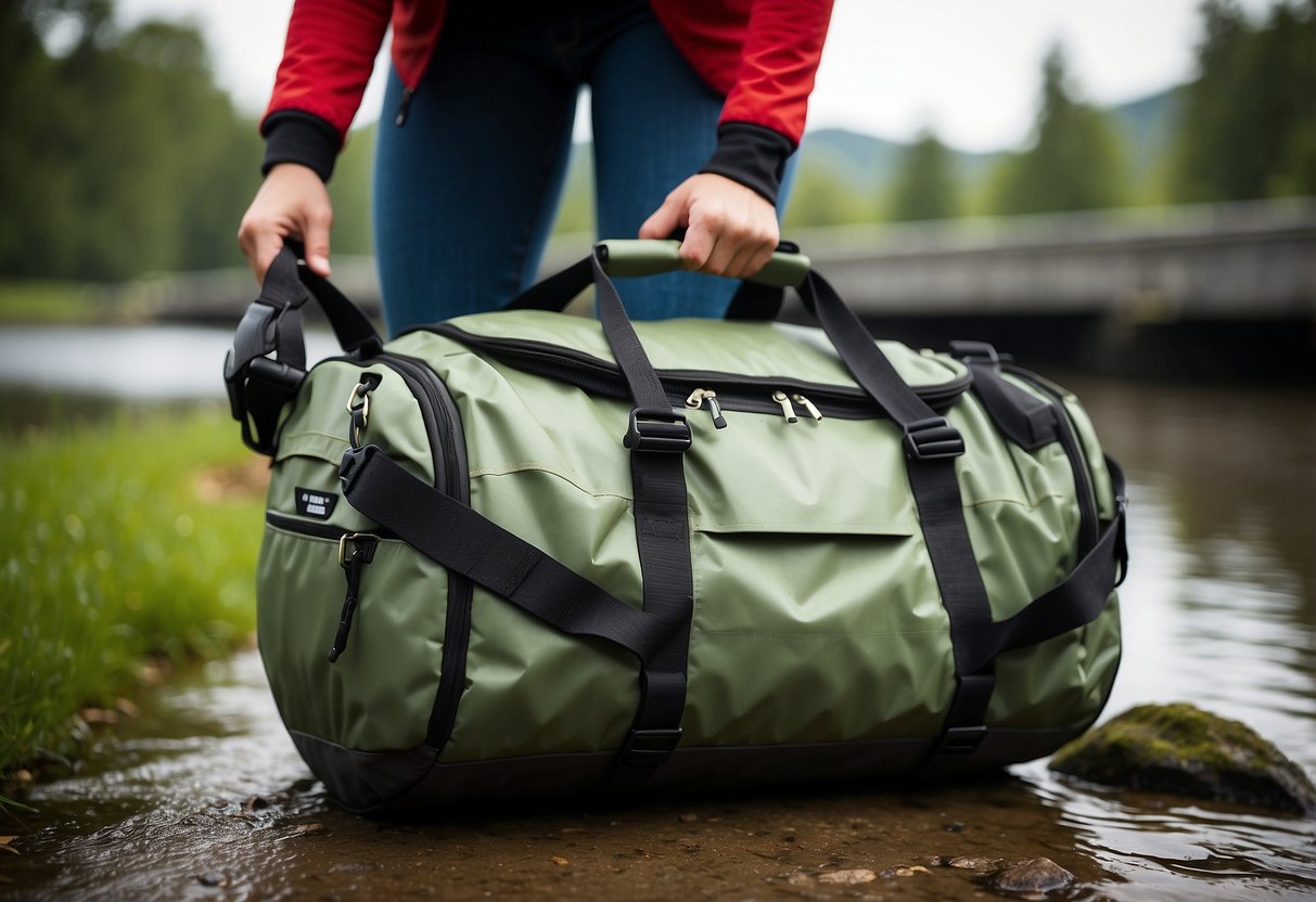 A durable, waterproof duffel bag is packed with riding gear, neatly organized and efficiently arranged for a trip