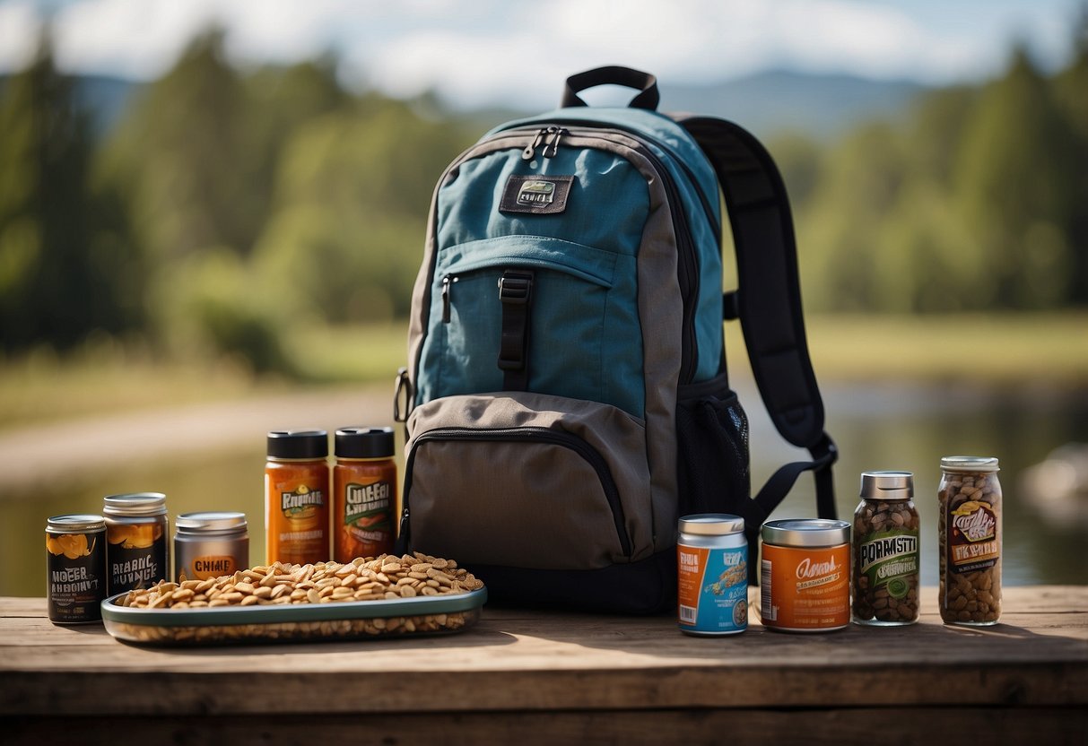 A backpack filled with granola bars, trail mix, and energy drinks. Clothes neatly rolled and packed in a compact suitcase