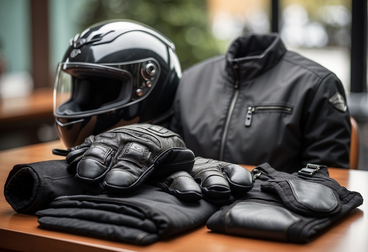 A motorcycle helmet, jacket, gloves, and boots neatly arranged next to a compact, organized packing list for a riding trip