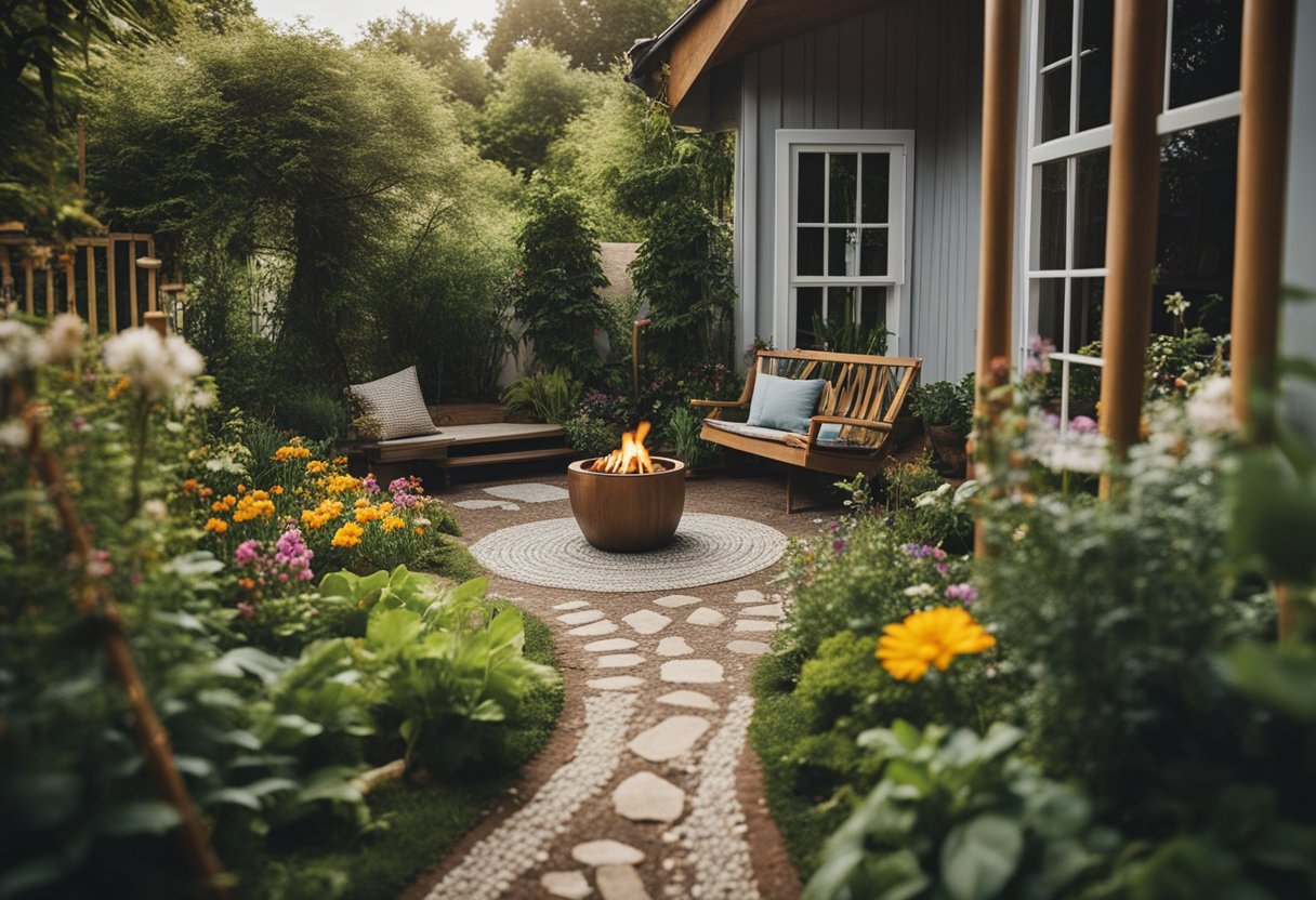 A cozy house surrounded by a lush garden with winding paths, colorful flowers, and a vegetable patch. A small seating area with a fire pit and a hammock invites relaxation